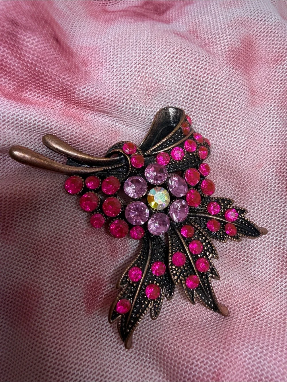 Vintage 90s Brass Brooch Hot Pink Rhinestones – Victorian Revival Statement Pink